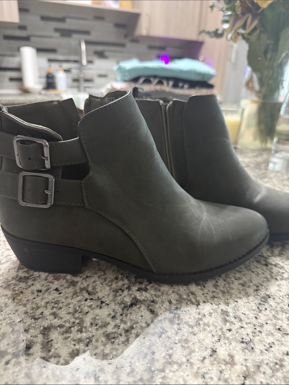 Women's Olive Ankle Booties with Buckle Strap